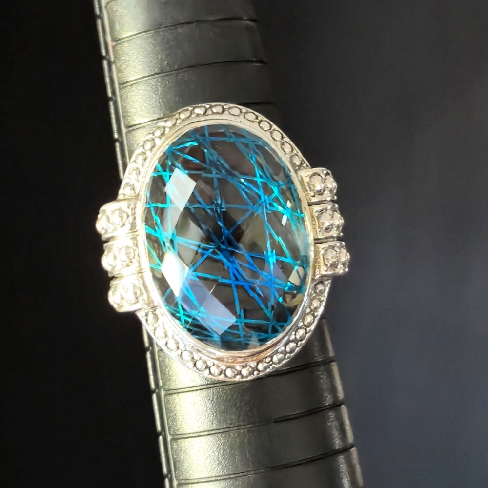 NICKY BUTLER Designer 925 Sterling Silver Rutilated Quartz Big BOLD Ring Blue NB
